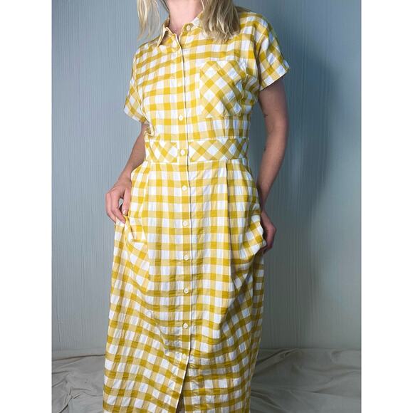 WHISTLES Illana Checkered Mustard & Cream Maxi Shirt Dress US 8 - Picture 8 of 11